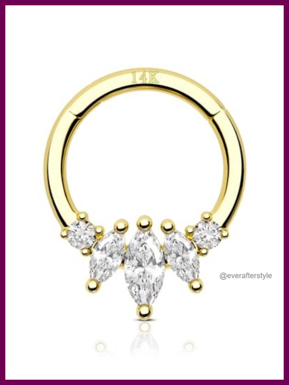14K Yellow Gold Septum Ring 16g Hinged Clicker Marquise CZ Piercing Jewelry
